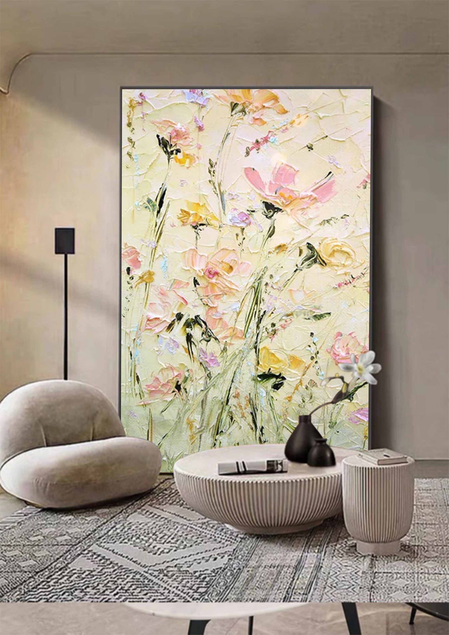 Vibrant Floral Oil Painting with Soft Pastels and Textured Brushstrokes