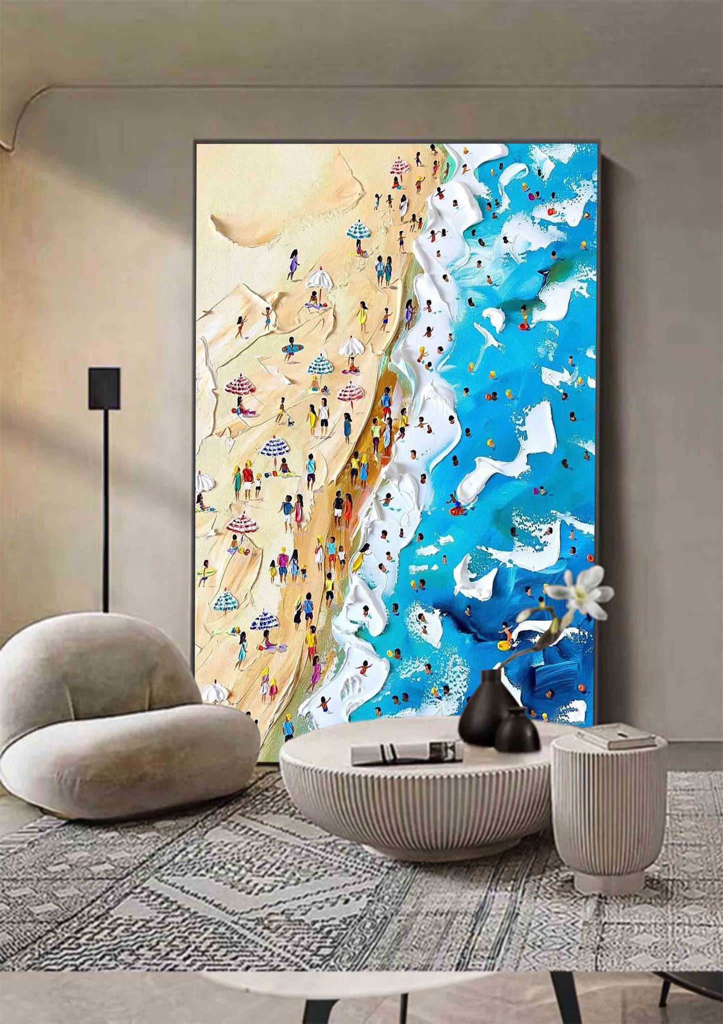 Vibrant Beach Scene Oil Painting with Sunbathers and Colorful Parasols