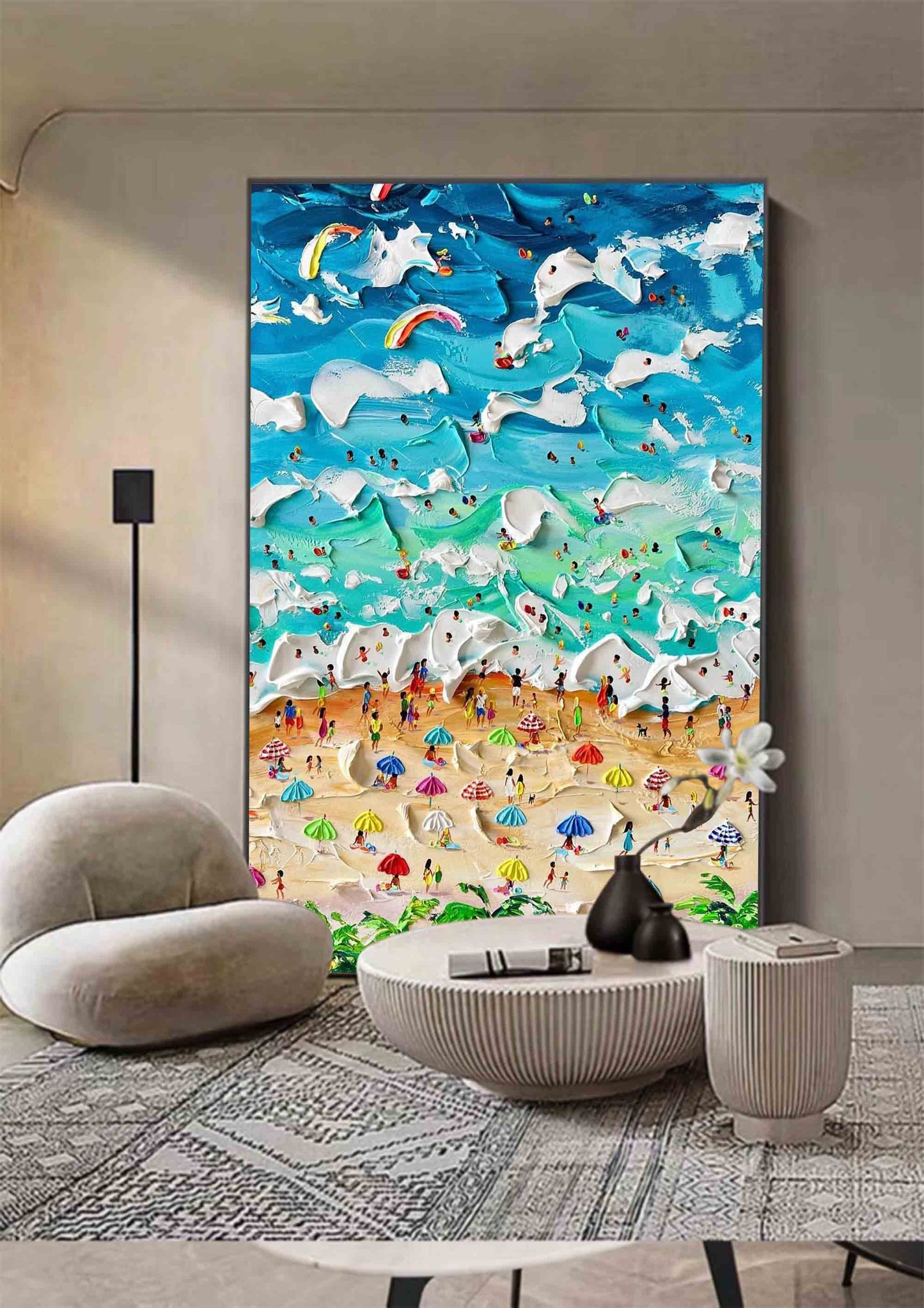 Vibrant Beach Scene Oil Painting with Textured Waves and Colorful Umbrellas
