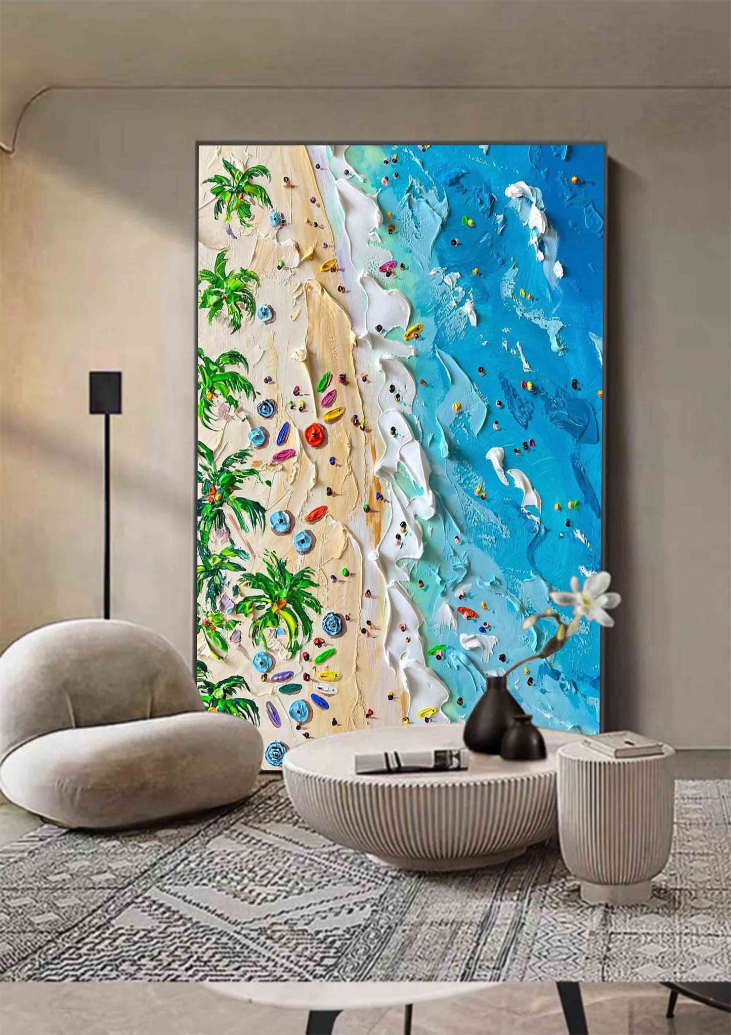 Vibrant Tropical Beach Oil Painting with Textured Waves and Lush Palm Trees