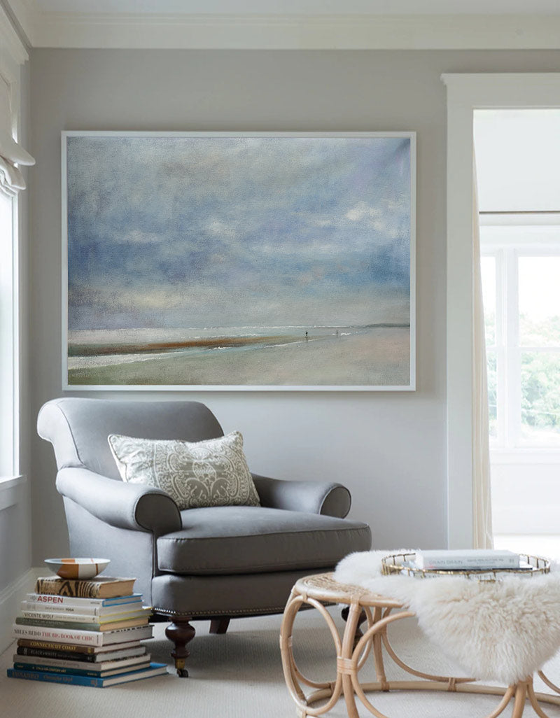 Serene Coastal Landscape Oil Painting - Tranquil Beach and Cloudy Sky Artwork