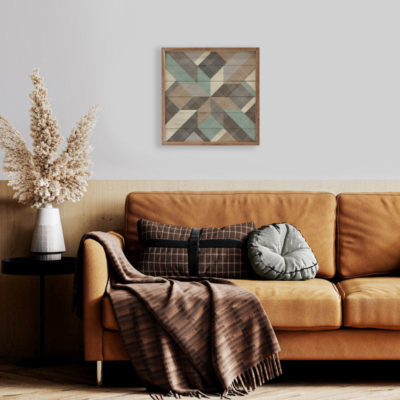 Geometric Mint Quilt Star Oil Painting for Living Room Decor and Art Collection