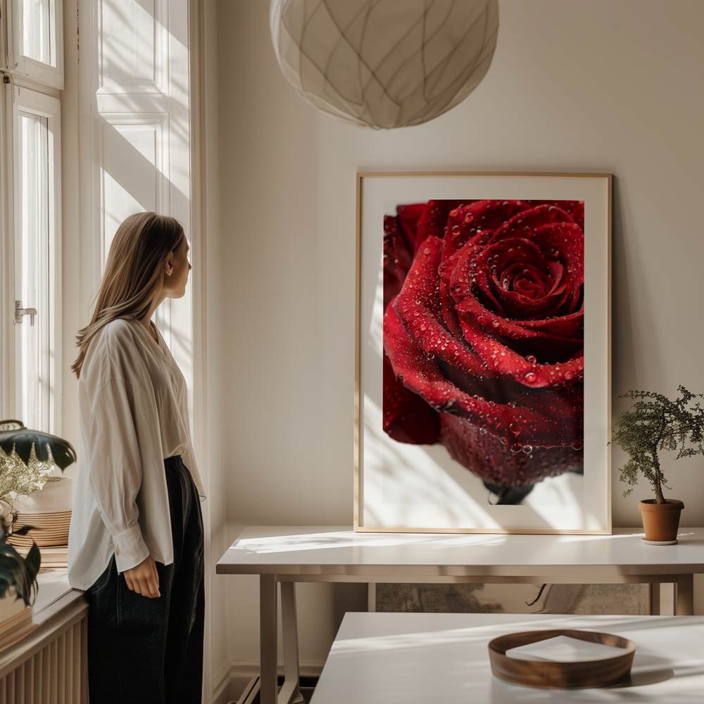 Vibrant Red Rose with Dew Drops - Stunning Floral Oil Painting for Home Decor