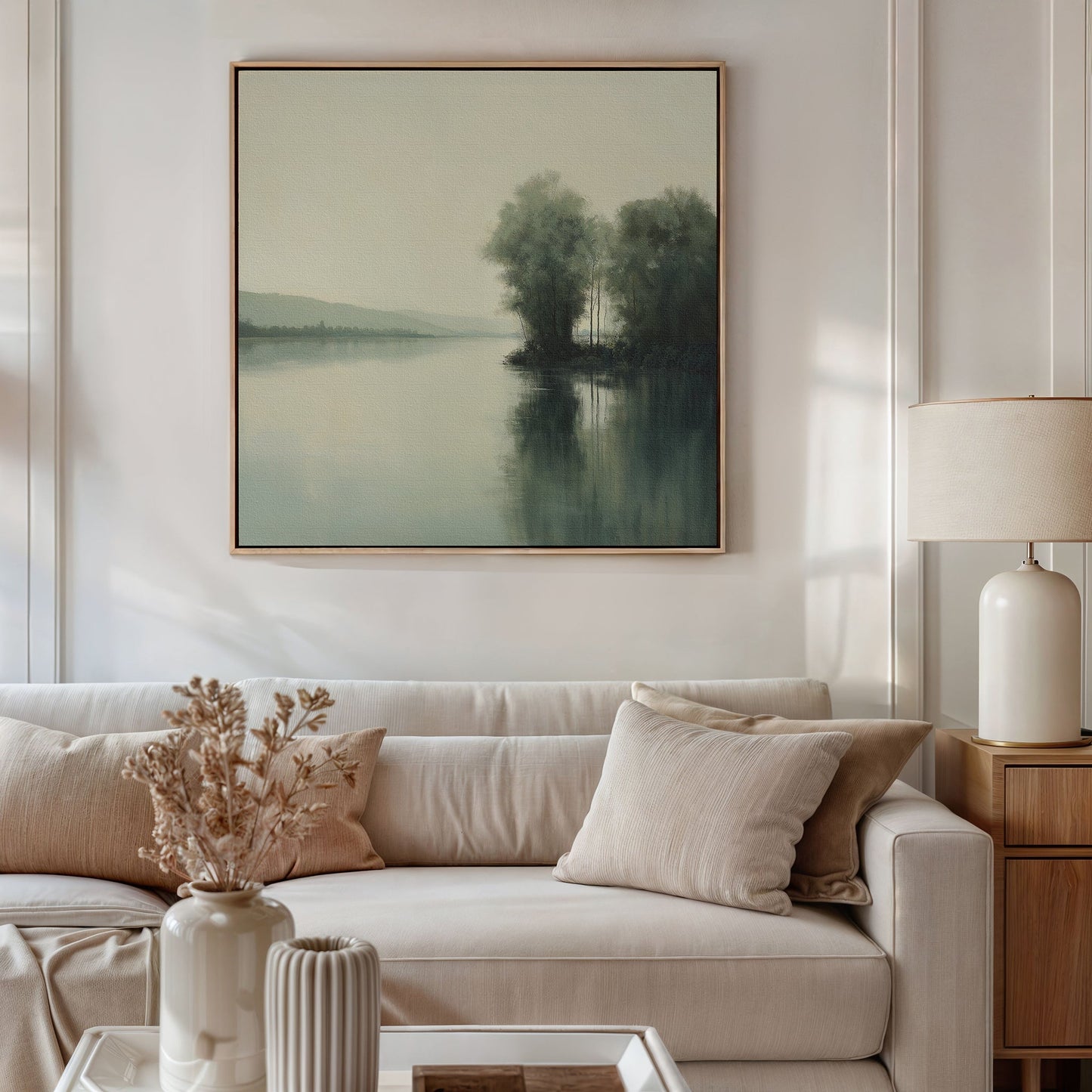 Tranquil River Landscape Oil Painting with Reflective Water and Lush Greenery