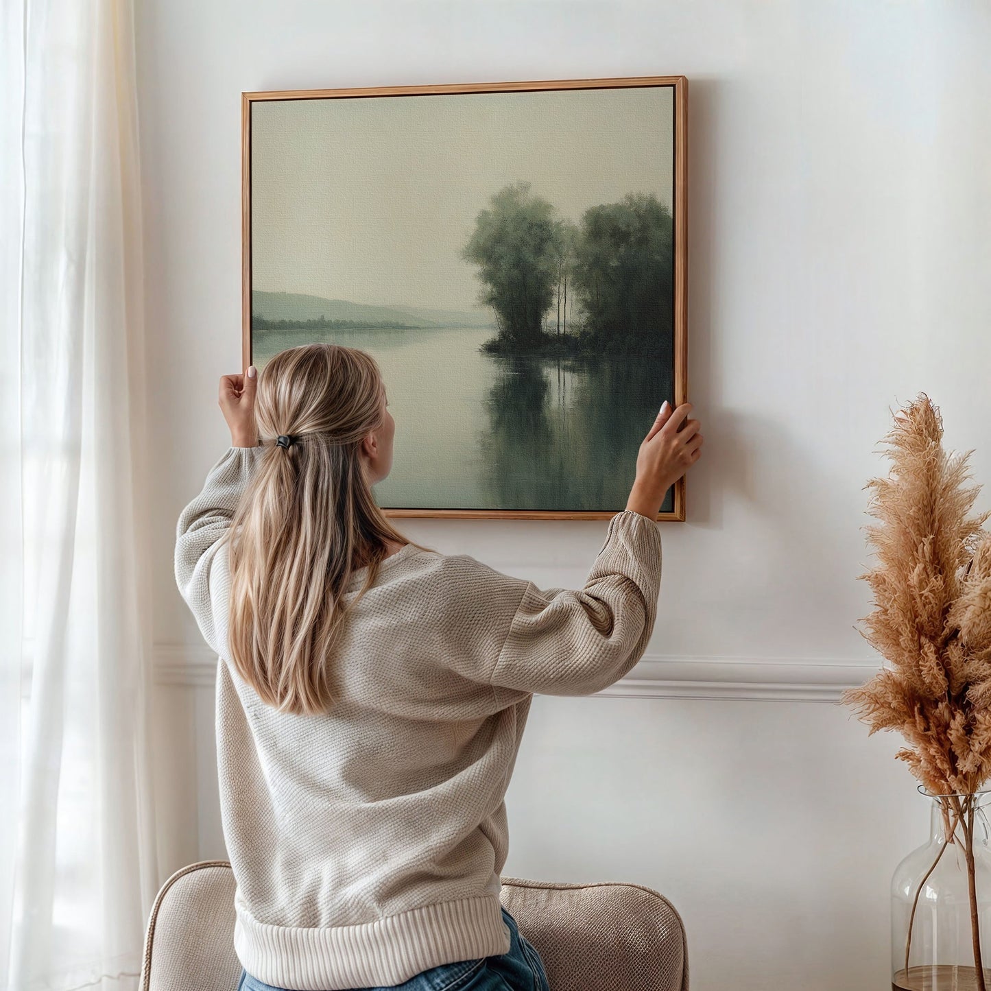 Tranquil River Landscape Oil Painting with Reflective Water and Lush Greenery