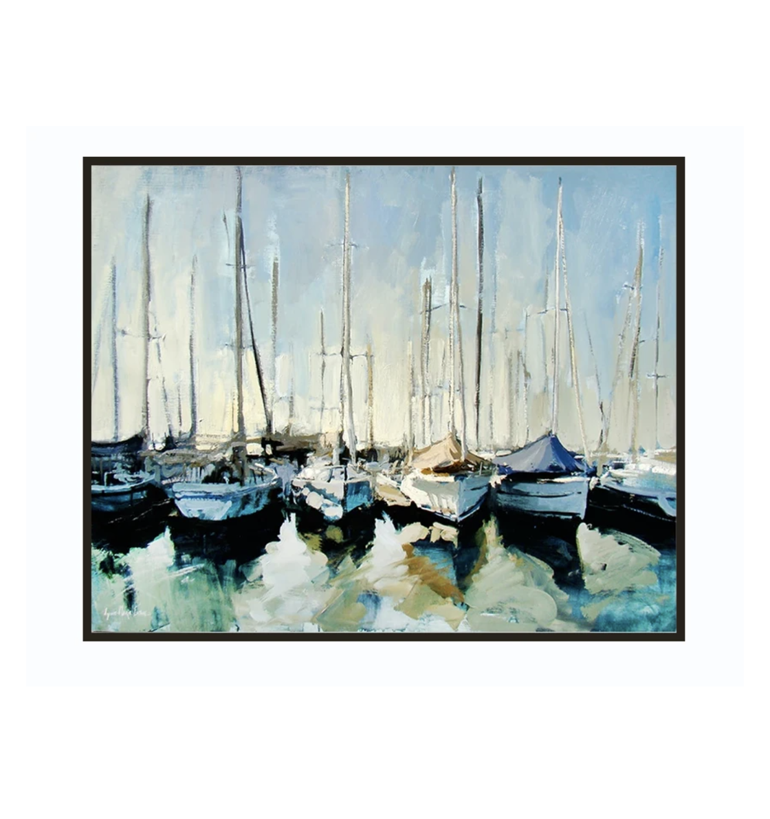 Serene Harbor Scene: Resting Sailboats In Tranquil Waters - Stunning Oil Painting