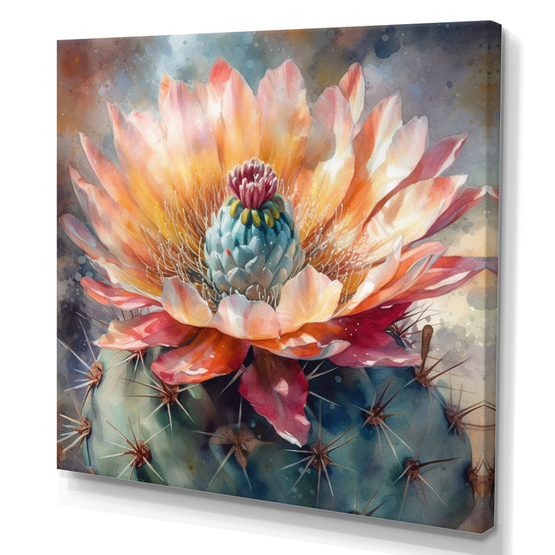 Vibrant Cactus Flower Oil Painting in Orange and Green Tones