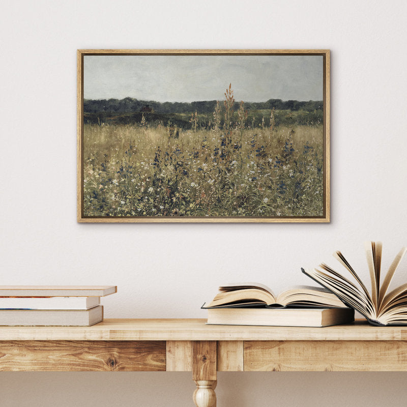 Rustic Wildflower Landscape Oil Painting for Cozy Farmhouse Decor