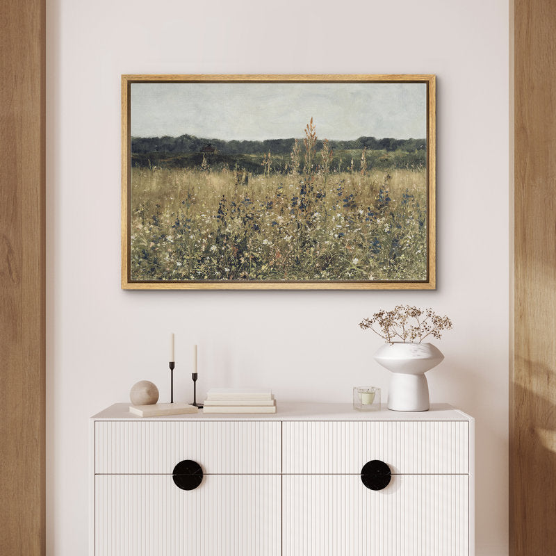 Rustic Wildflower Landscape Oil Painting for Cozy Farmhouse Decor