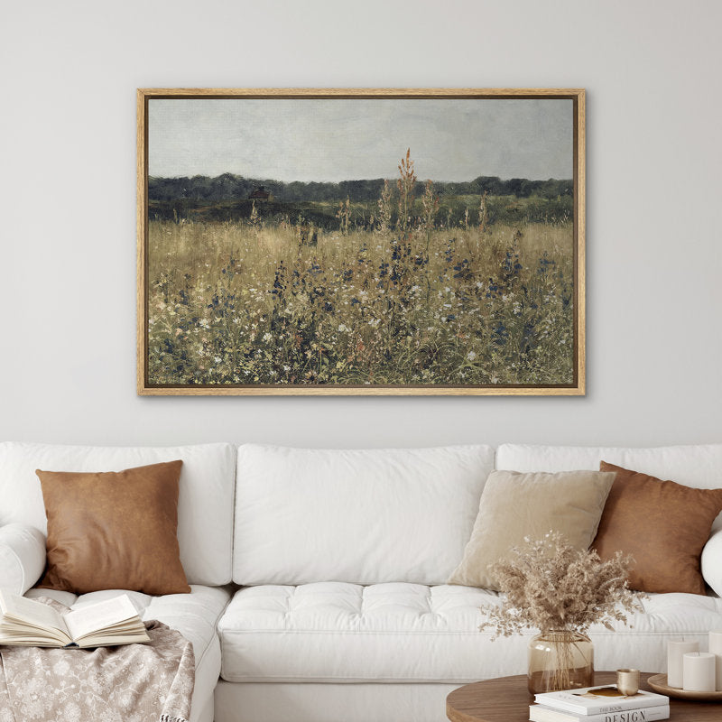 Rustic Wildflower Landscape Oil Painting for Cozy Farmhouse Decor