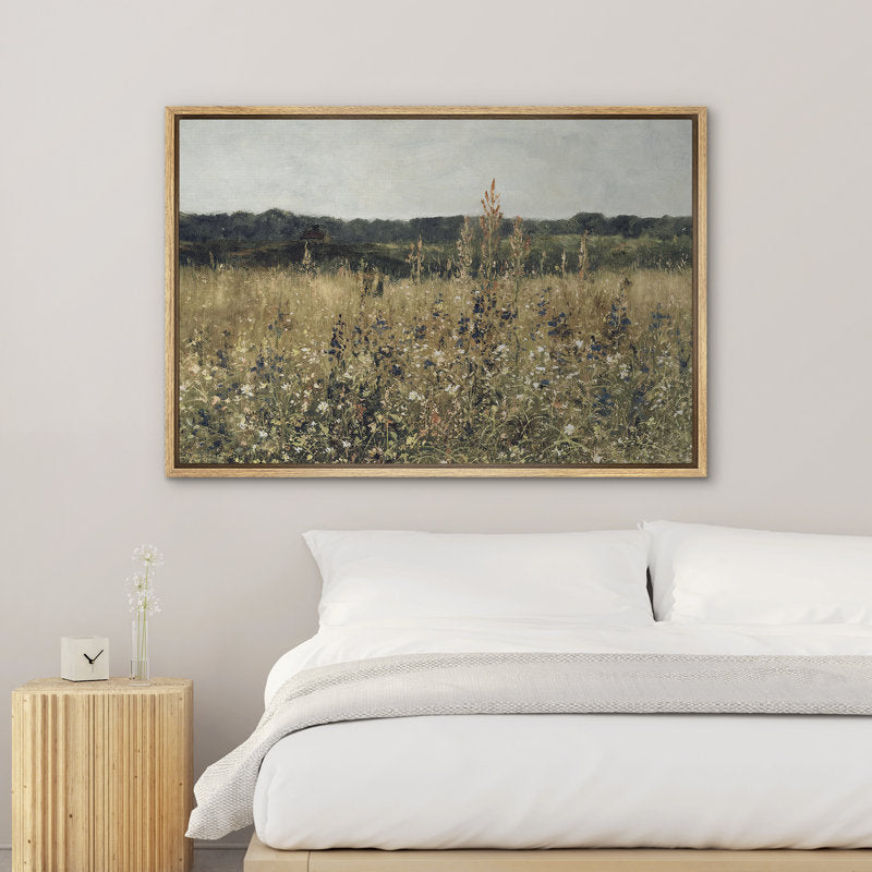 Rustic Wildflower Landscape Oil Painting for Cozy Farmhouse Decor