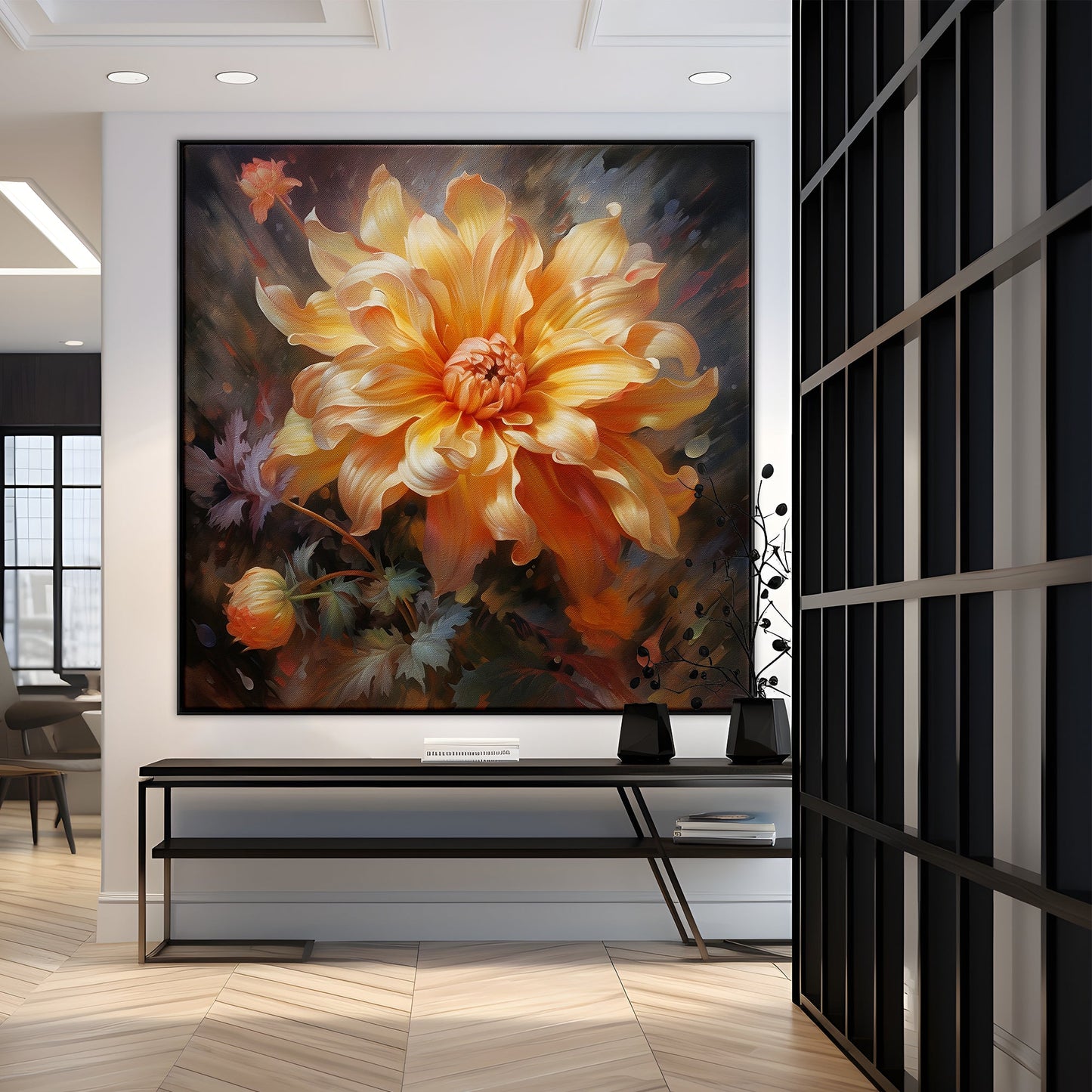 Golden Dahlia Floral Oil Painting for Home Decor and Art Collectors