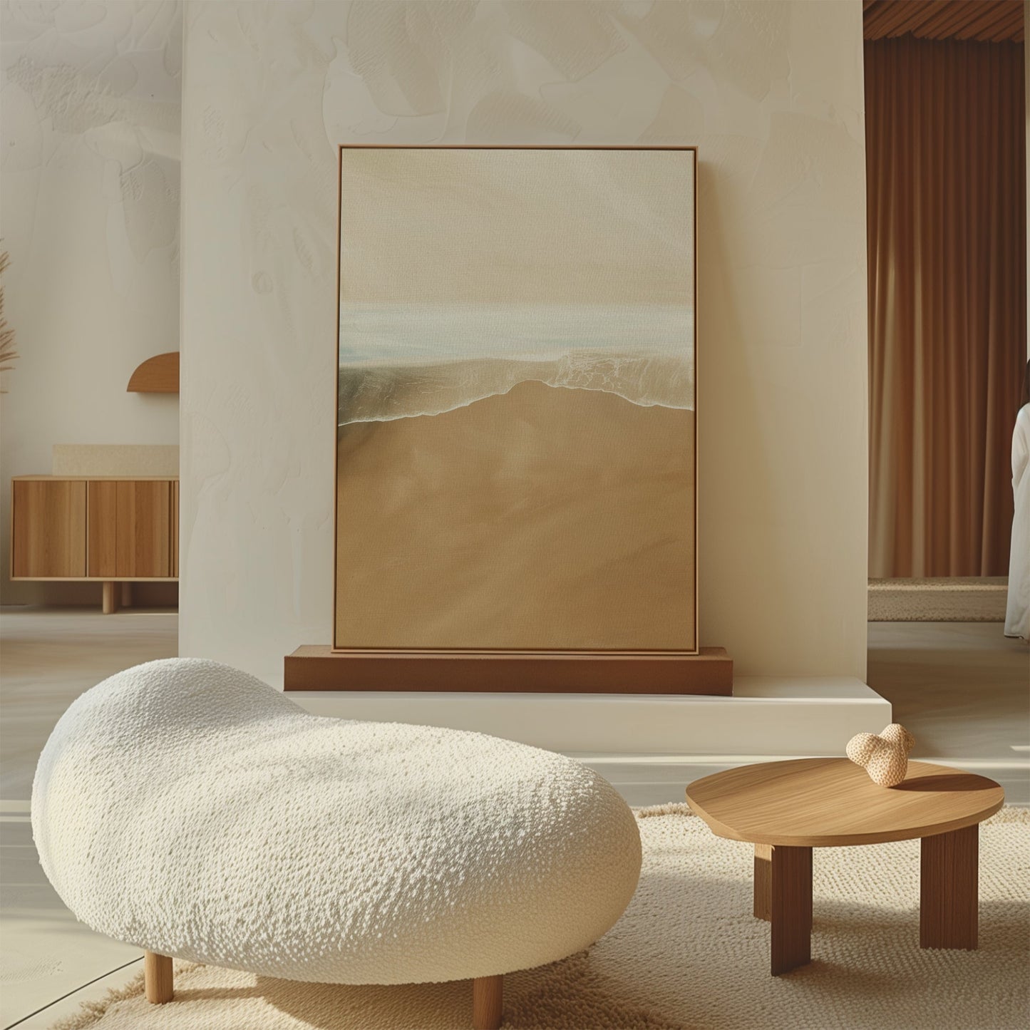 Coastal Serenity: Abstract Oil Painting of Sand and Sea Waves for Modern Decor
