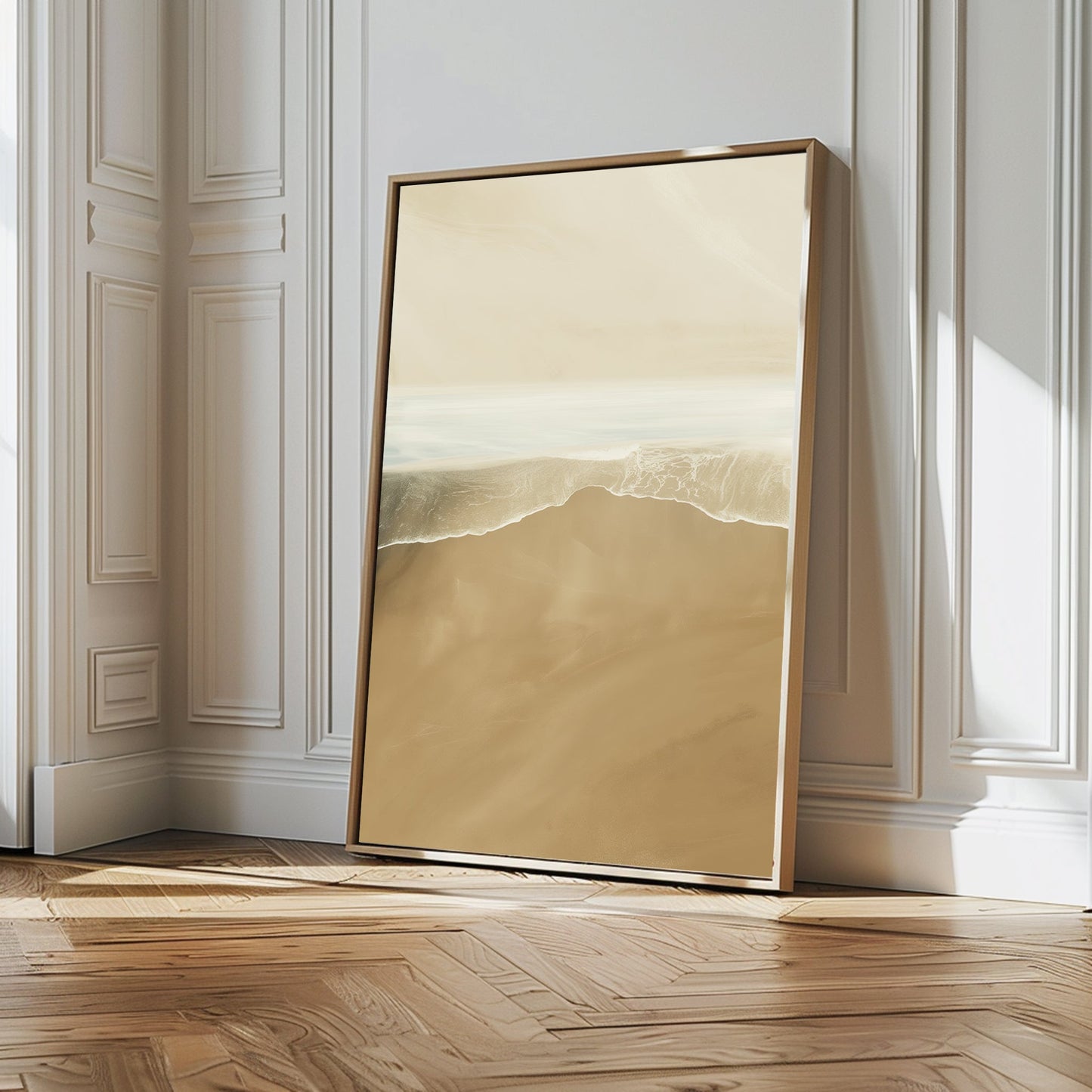 Coastal Serenity: Abstract Oil Painting of Sand and Sea Waves for Modern Decor