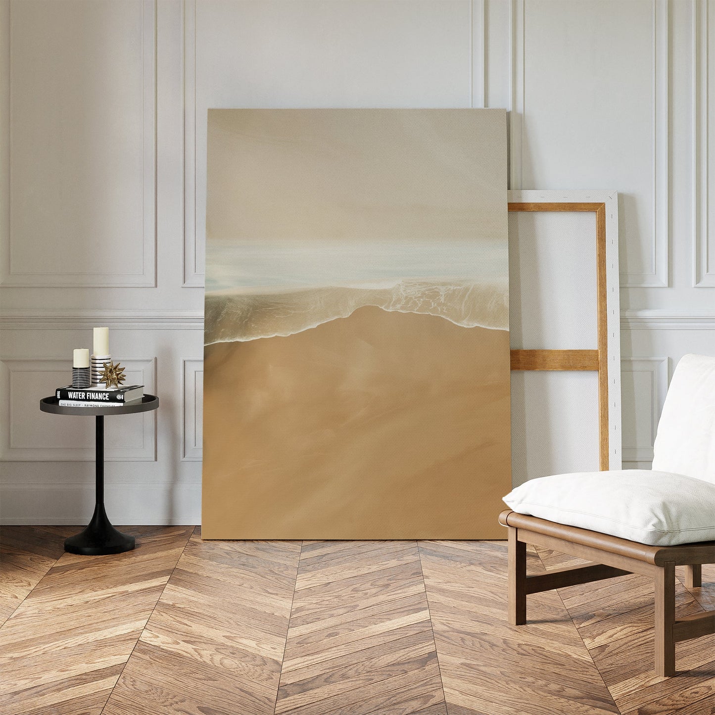 Coastal Serenity: Abstract Oil Painting of Sand and Sea Waves for Modern Decor