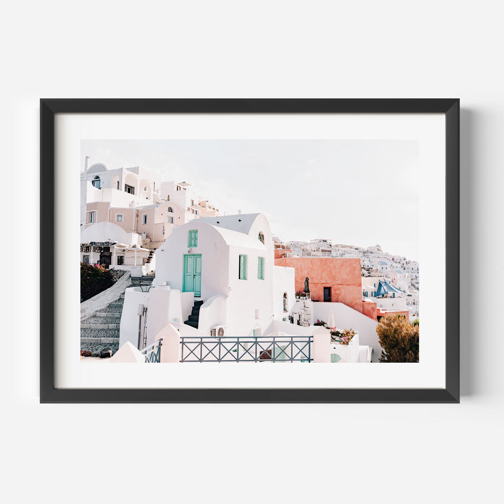 Serene Santorini Oil Painting with Iconic WhiteBuildings and Vibrant Blue Doors