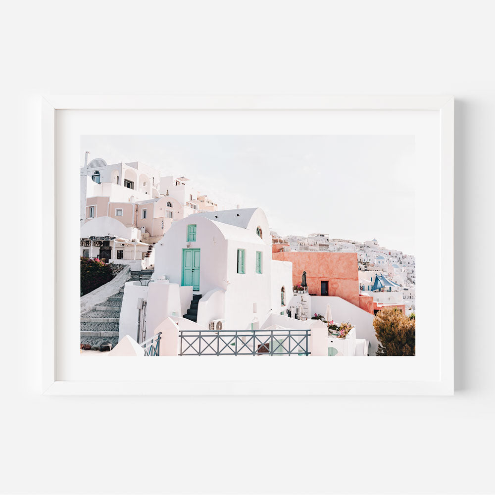 Serene Santorini Oil Painting with Iconic WhiteBuildings and Vibrant Blue Doors