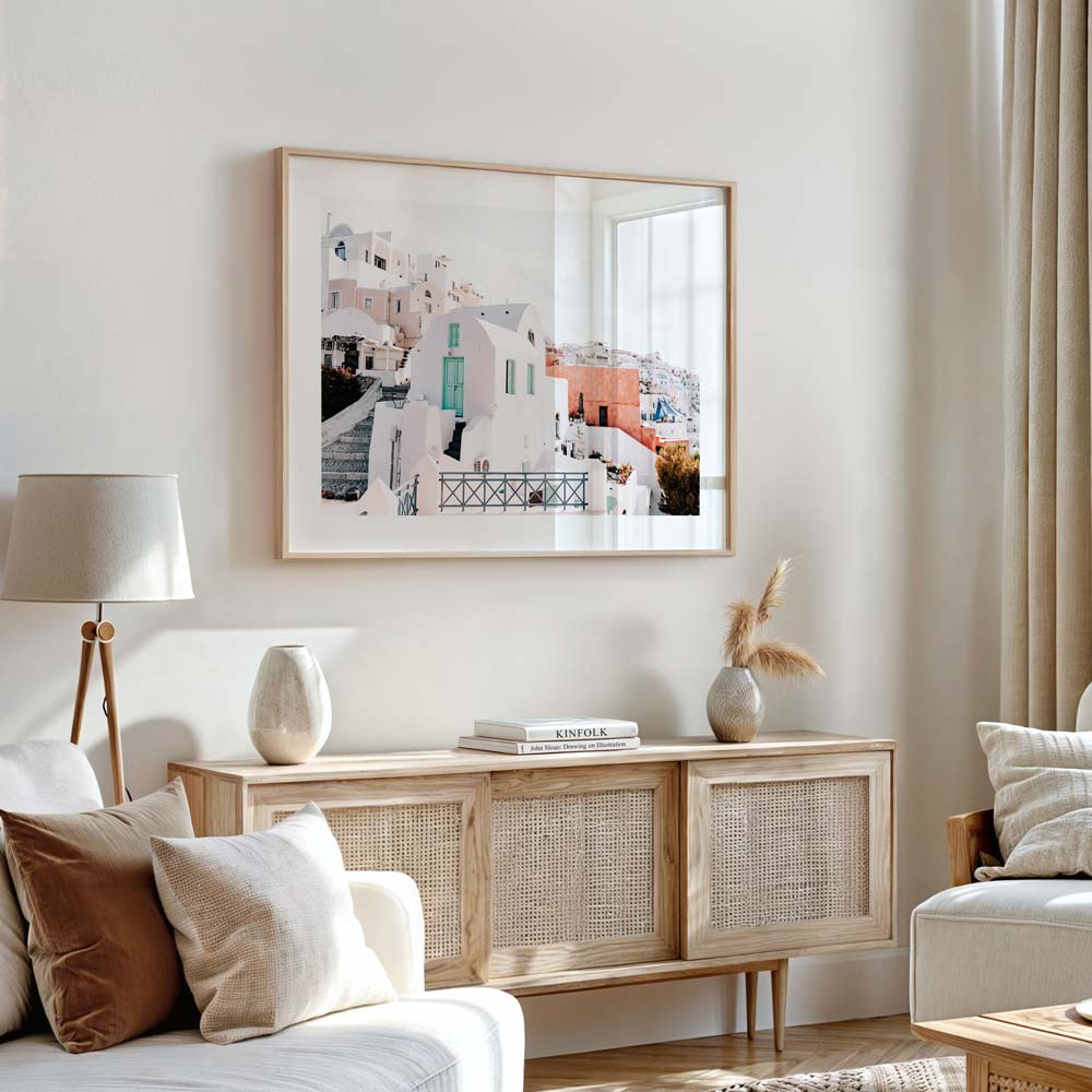Serene Santorini Oil Painting with Iconic WhiteBuildings and Vibrant Blue Doors