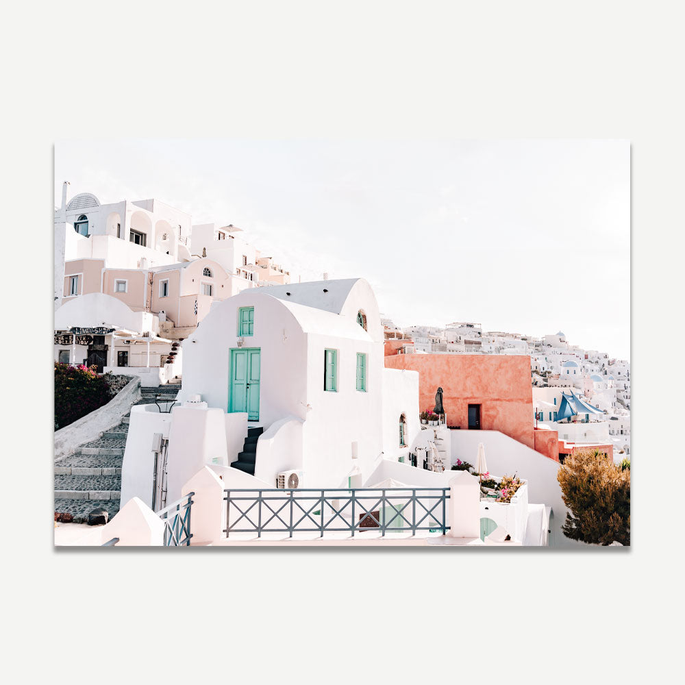 Serene Santorini Oil Painting with Iconic WhiteBuildings and Vibrant Blue Doors