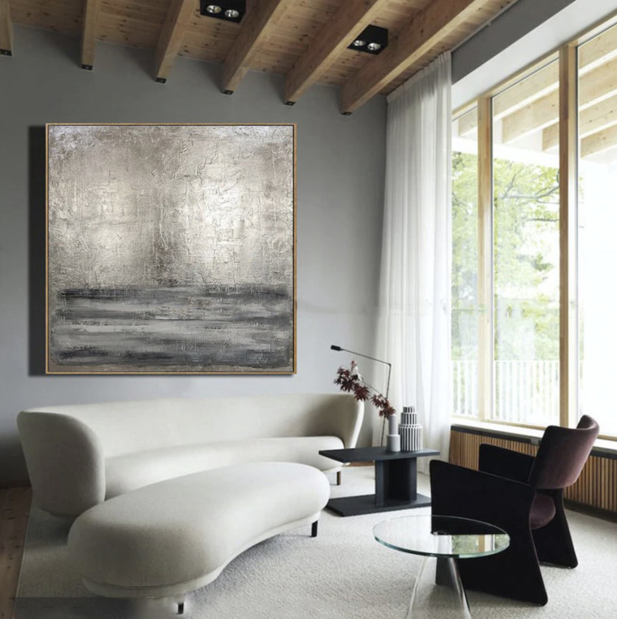 Contemporary Silver and Gray Abstract Oil Painting for Modern Home Decor