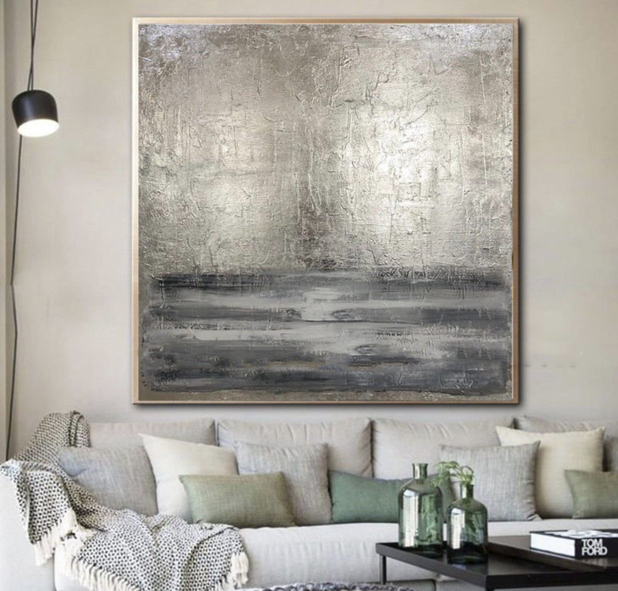 Contemporary Silver and Gray Abstract Oil Painting for Modern Home Decor