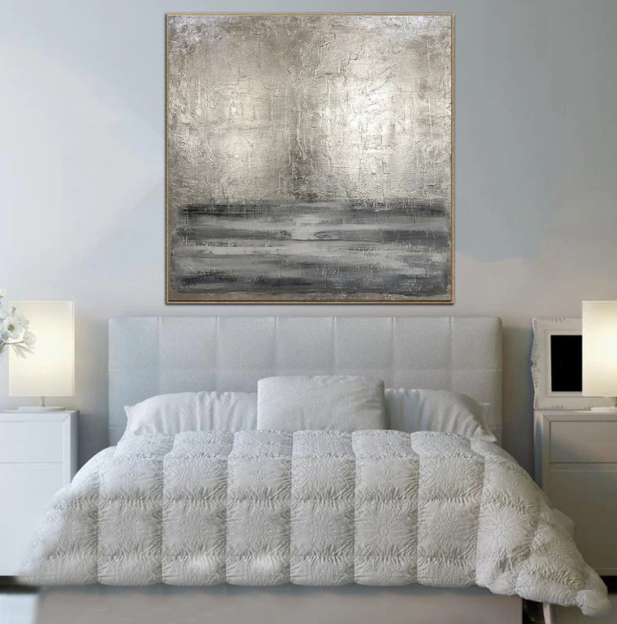 Contemporary Silver and Gray Abstract Oil Painting for Modern Home Decor