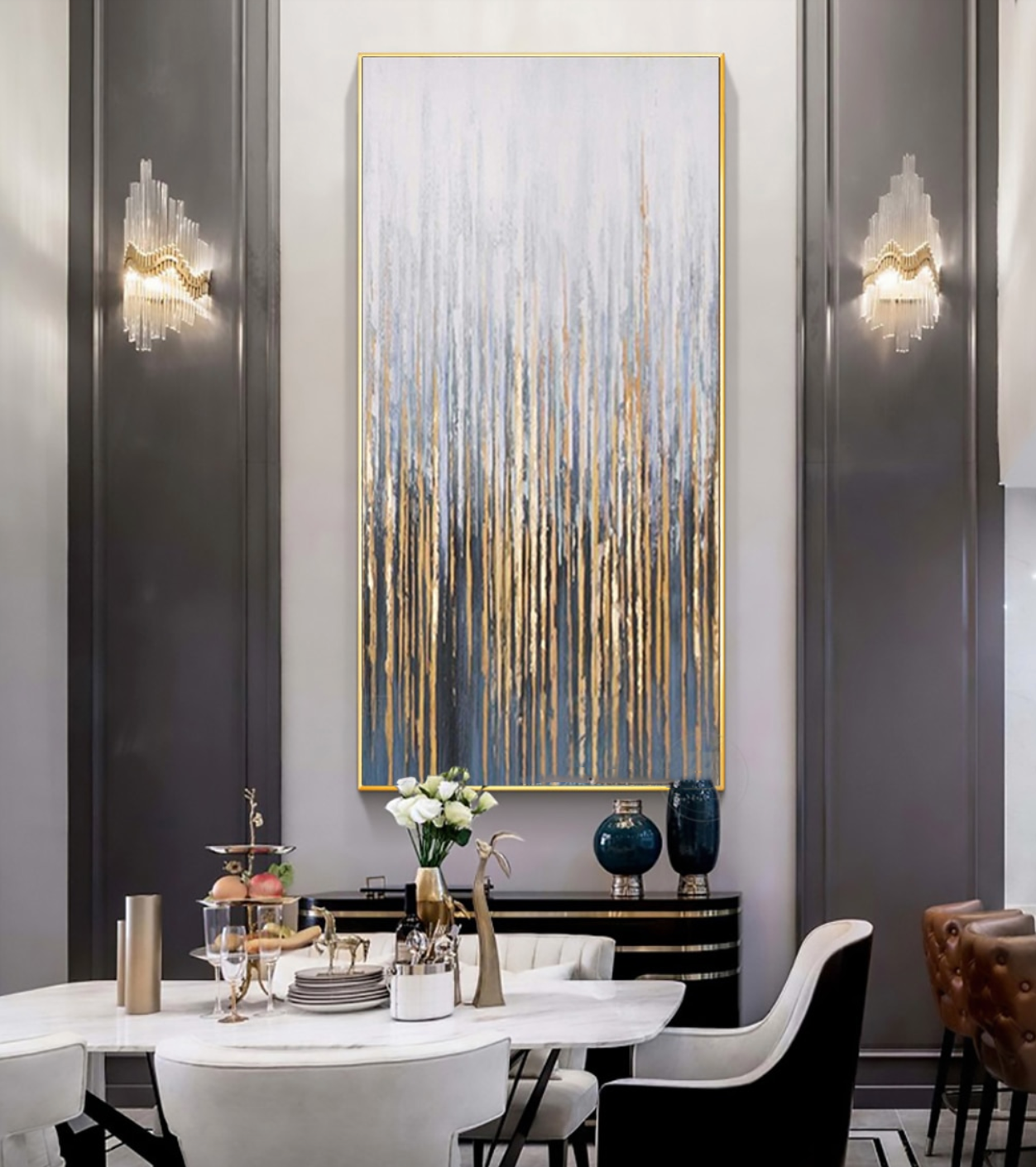 Contemporary Cityscape Oil Painting with Elegant Gold Accents and Modern Abstract Design