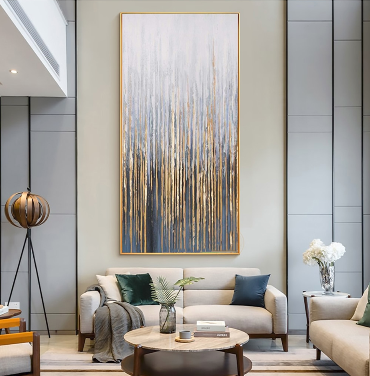 Contemporary Cityscape Oil Painting with Elegant Gold Accents and Modern Abstract Design