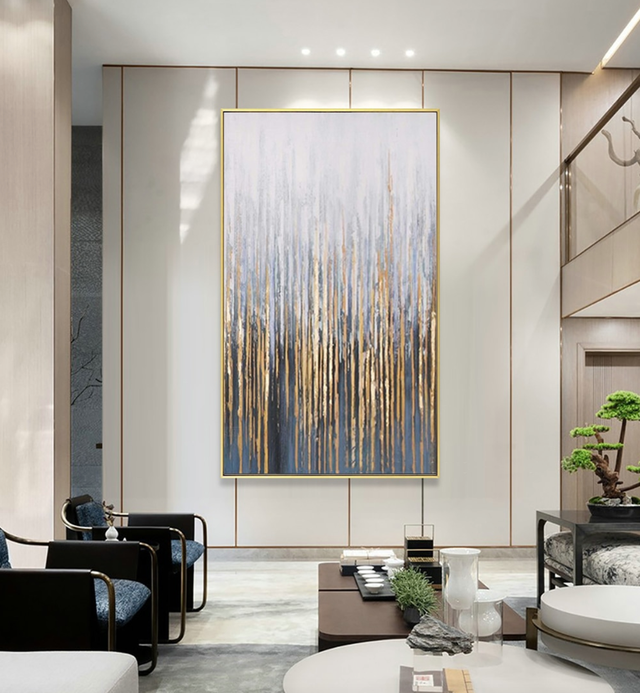Contemporary Cityscape Oil Painting with Elegant Gold Accents and Modern Abstract Design