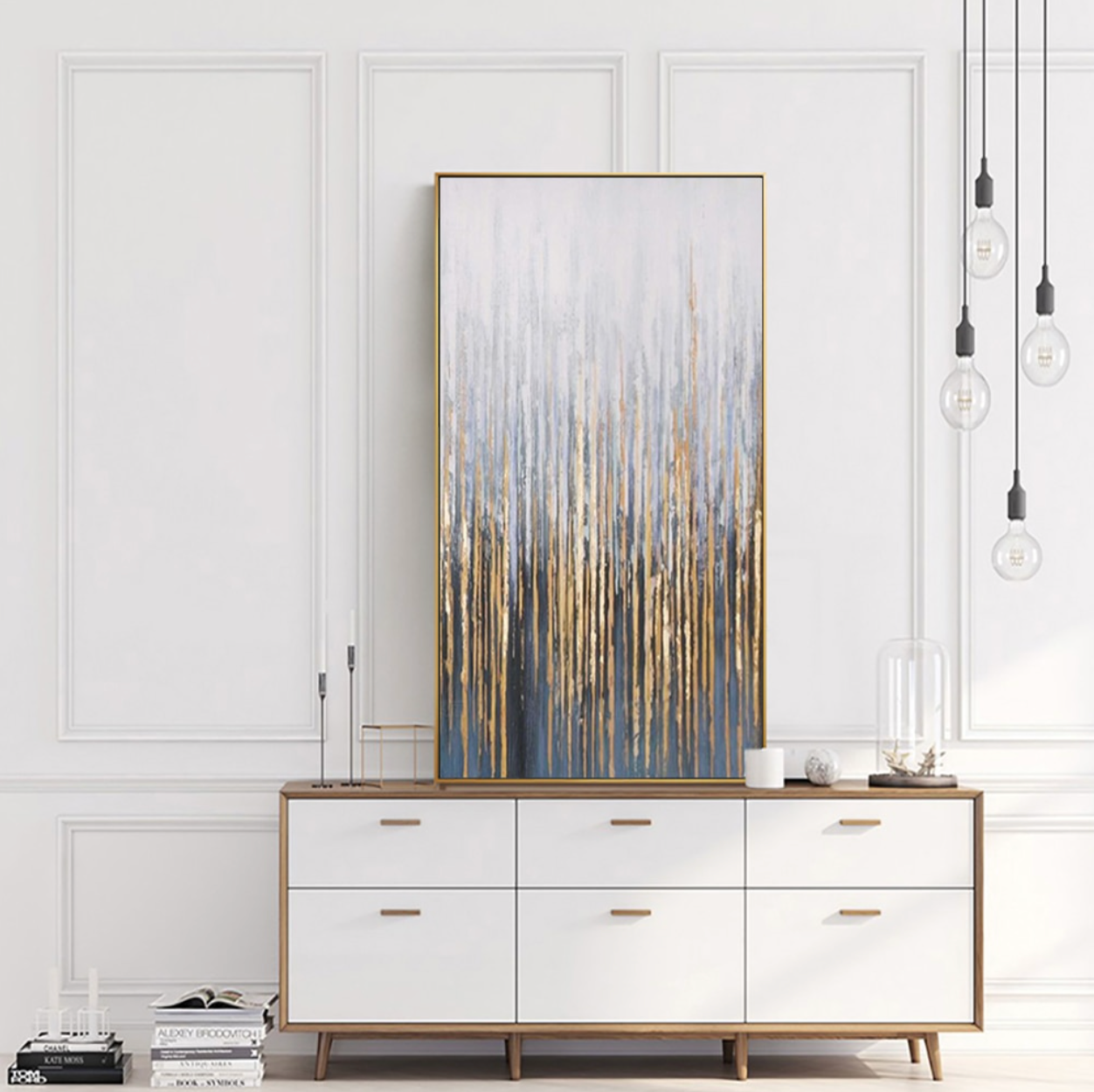 Contemporary Cityscape Oil Painting with Elegant Gold Accents and Modern Abstract Design