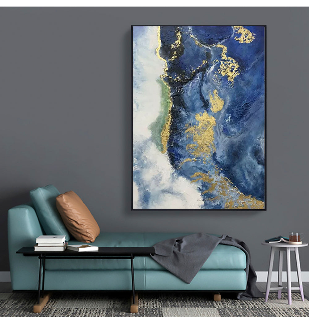 Elegant Blue Waves: Abstract Oil Painting of Serene Ocean Scenery