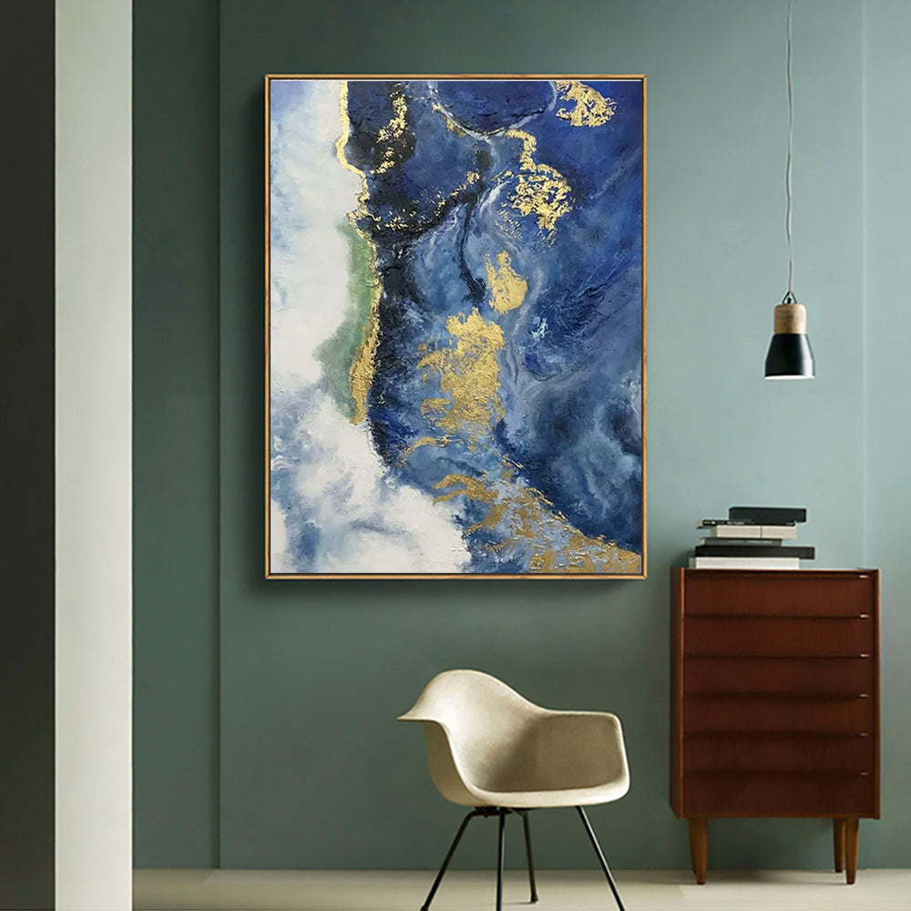 Elegant Blue Waves: Abstract Oil Painting of Serene Ocean Scenery