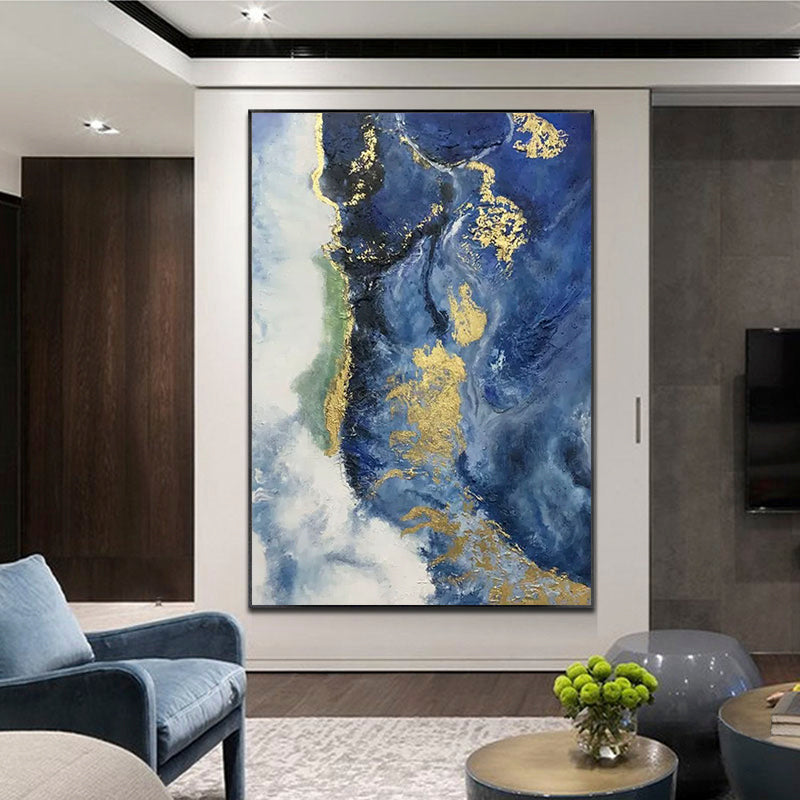 Elegant Blue Waves: Abstract Oil Painting of Serene Ocean Scenery