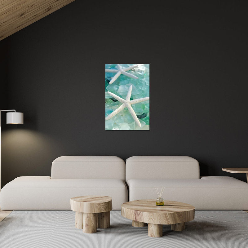 Tranquil Seaglass Shoreline Art with Starfish on Acrylic Display
