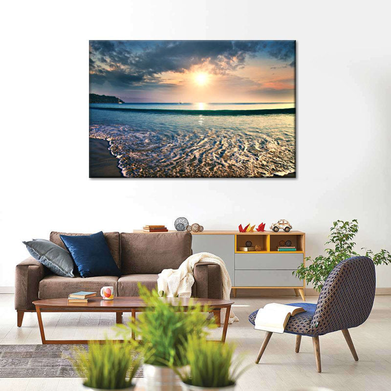Stunning Large Oil Painting of Serene Sunset Over Ocean Waves