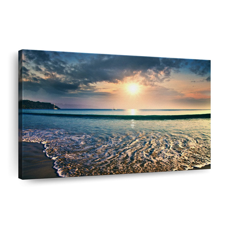 Stunning Large Oil Painting of Serene Sunset Over Ocean Waves