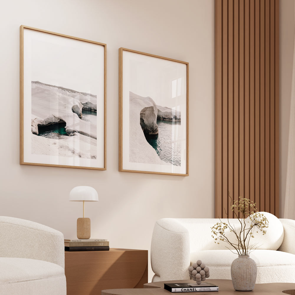 Tranquil Coastal Abstract Art Set - Lunar Serenity and Azure Stone Oil Paintings