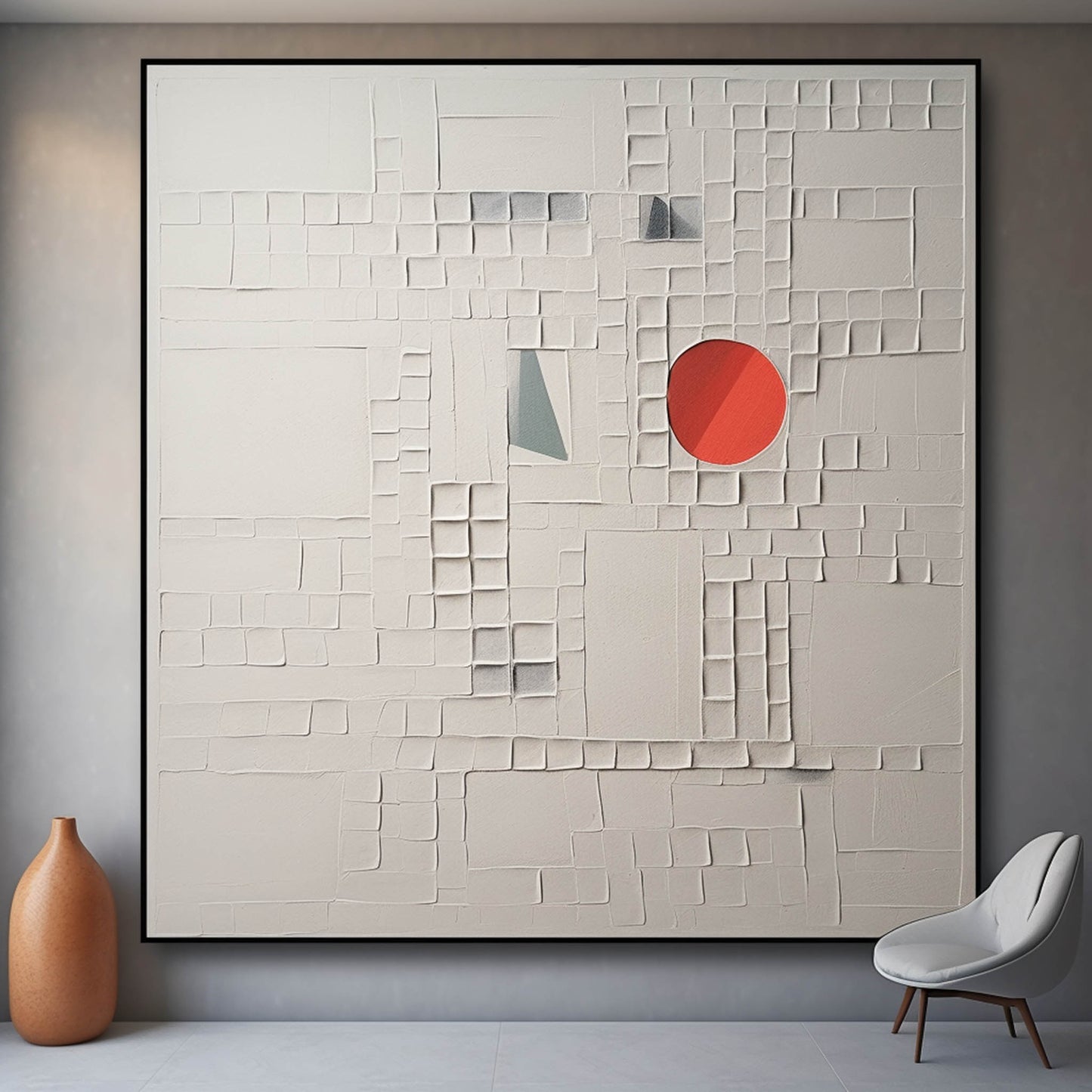 Abstract Textured Oil Painting with Bold Red Circle and Geometric Elements