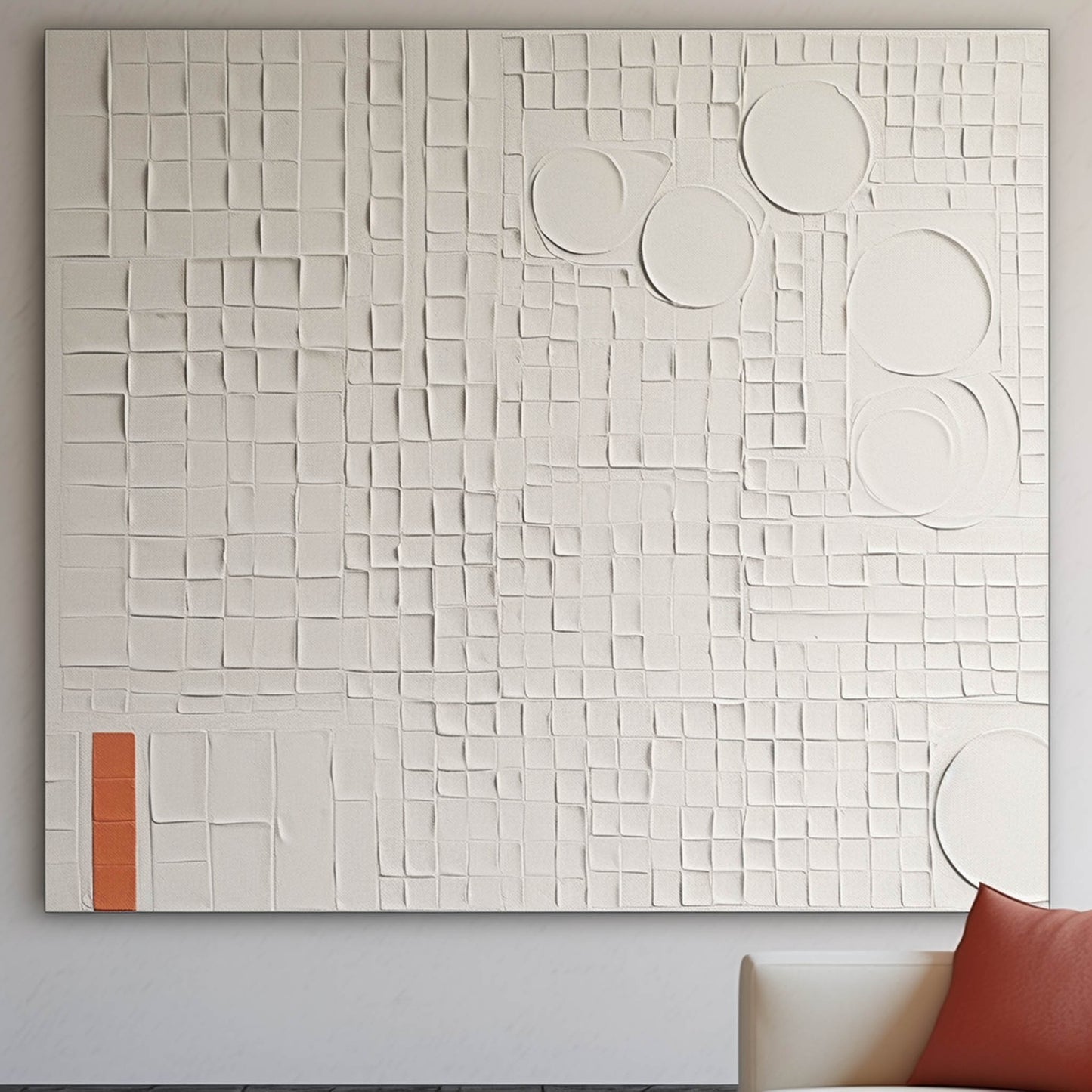 Textured White Oil Painting with Geometric Shapes and Subtle Color Accents