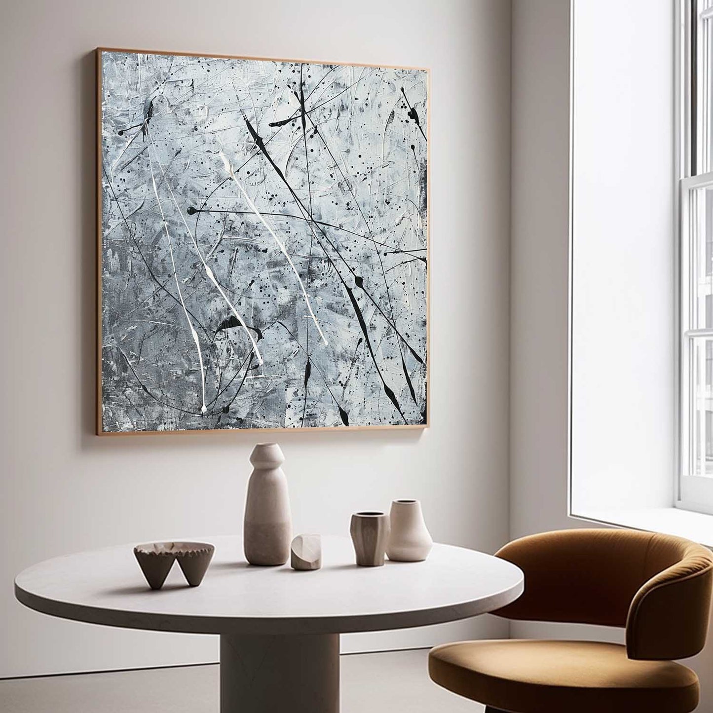 Contemporary Abstract Oil Painting with Dynamic Black and White Brushstrokes