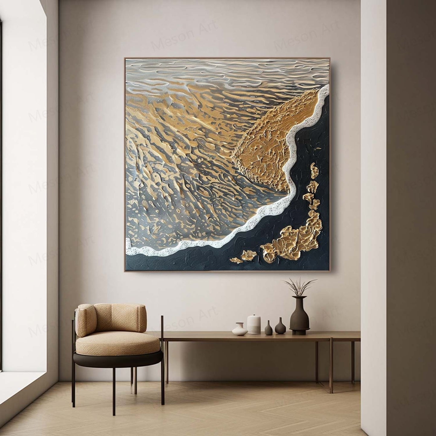 Textured Abstract Oil Painting of Waves and Shoreline in Gold and Black Tones