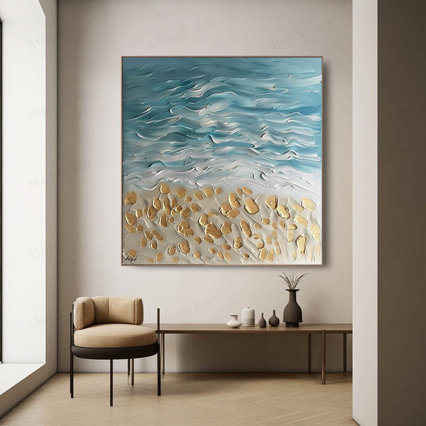 Coastal Serenity Textured Oil Painting with Waves and Golden Sand Accents