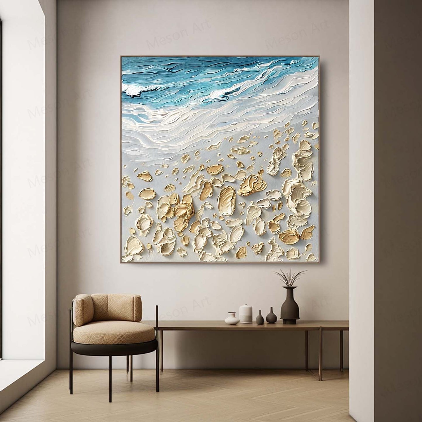 Textured Coastal Scene Oil Painting with Beach and Waves