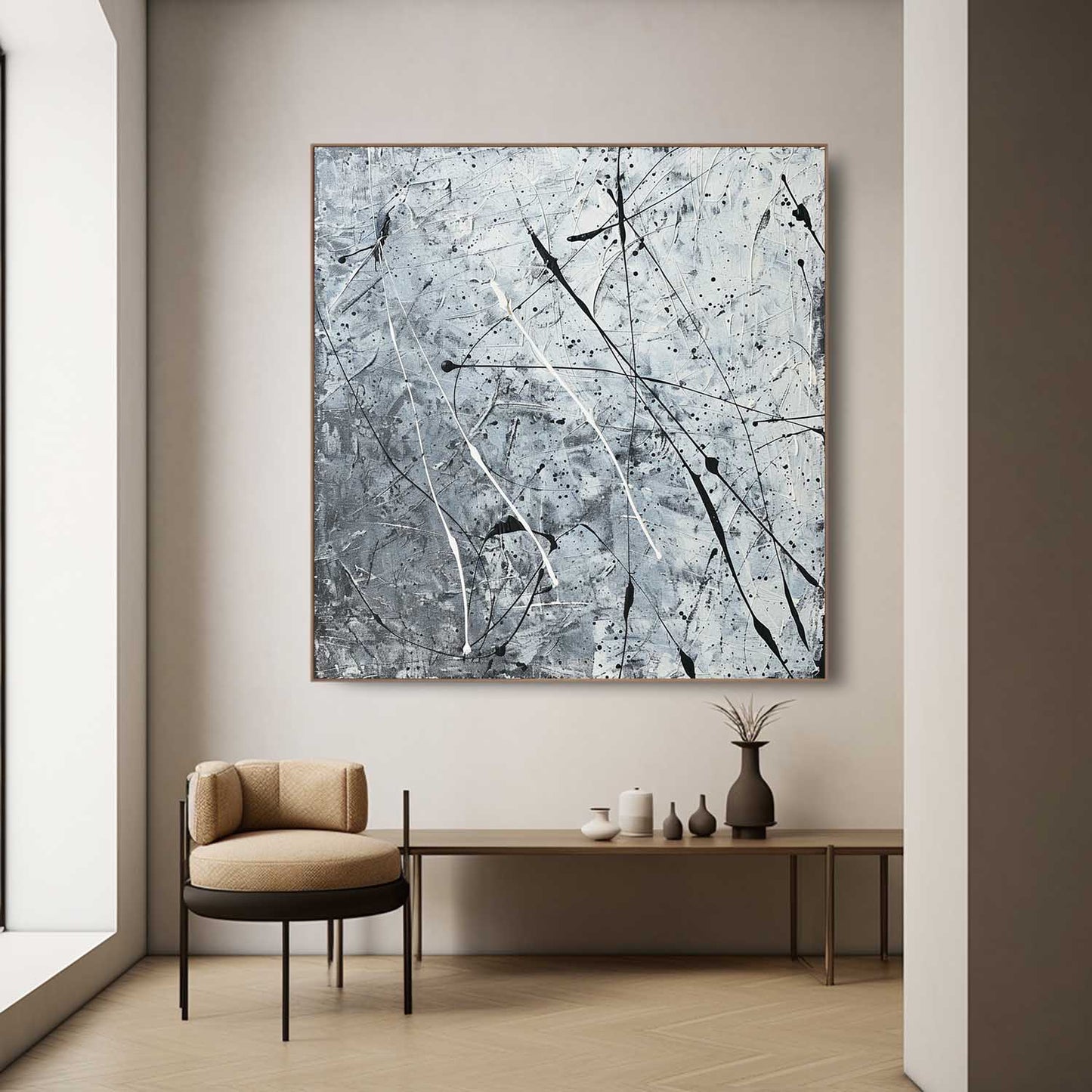 Contemporary Abstract Oil Painting with Dynamic Black and White Brushstrokes