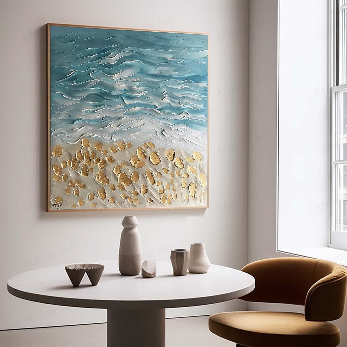 Coastal Serenity Textured Oil Painting with Waves and Golden Sand Accents