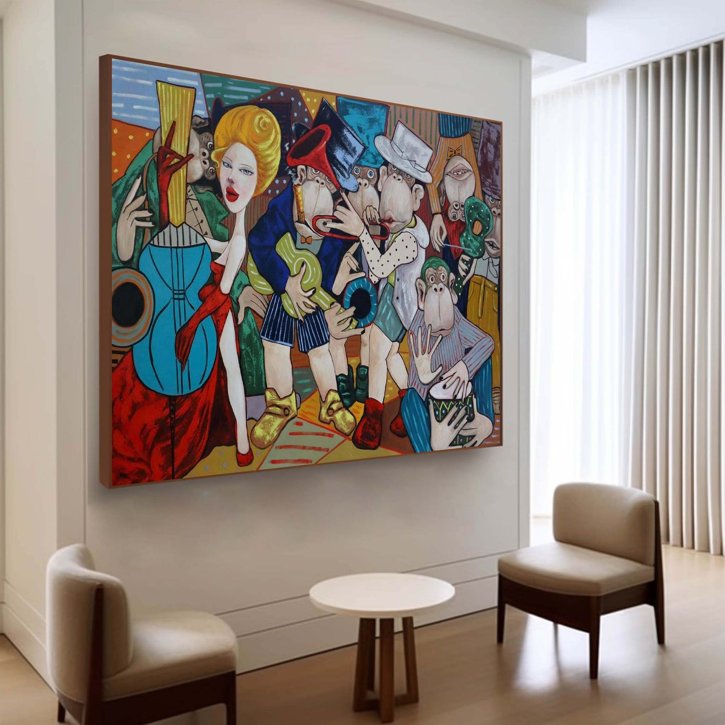 Colorful Pop Art Oil Painting of Musicians and Monkeys in Vibrant Abstract Style