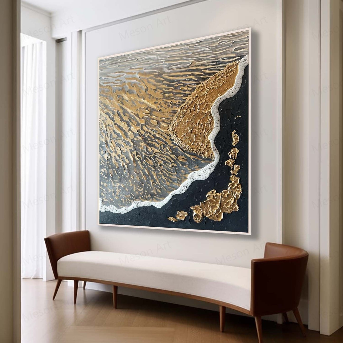 Textured Abstract Oil Painting of Waves and Shoreline in Gold and Black Tones