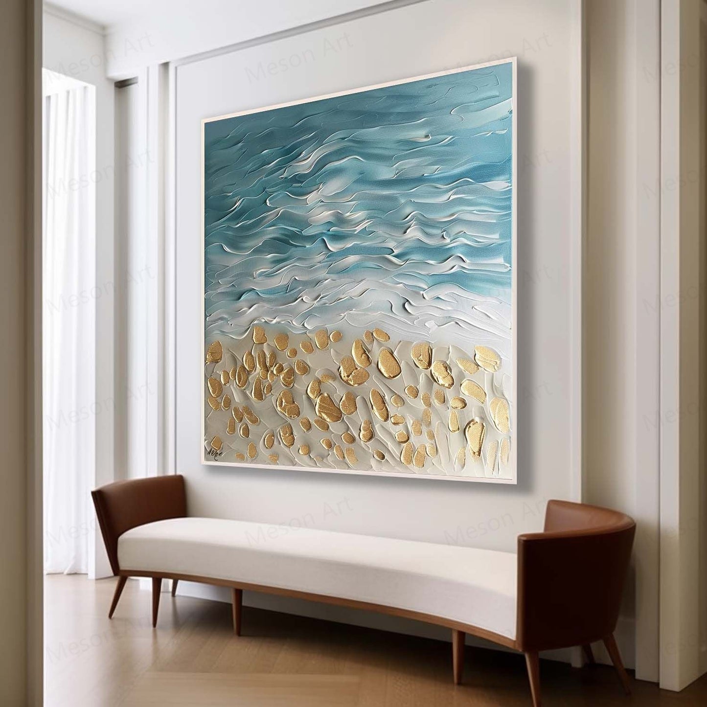 Coastal Serenity Textured Oil Painting with Waves and Golden Sand Accents