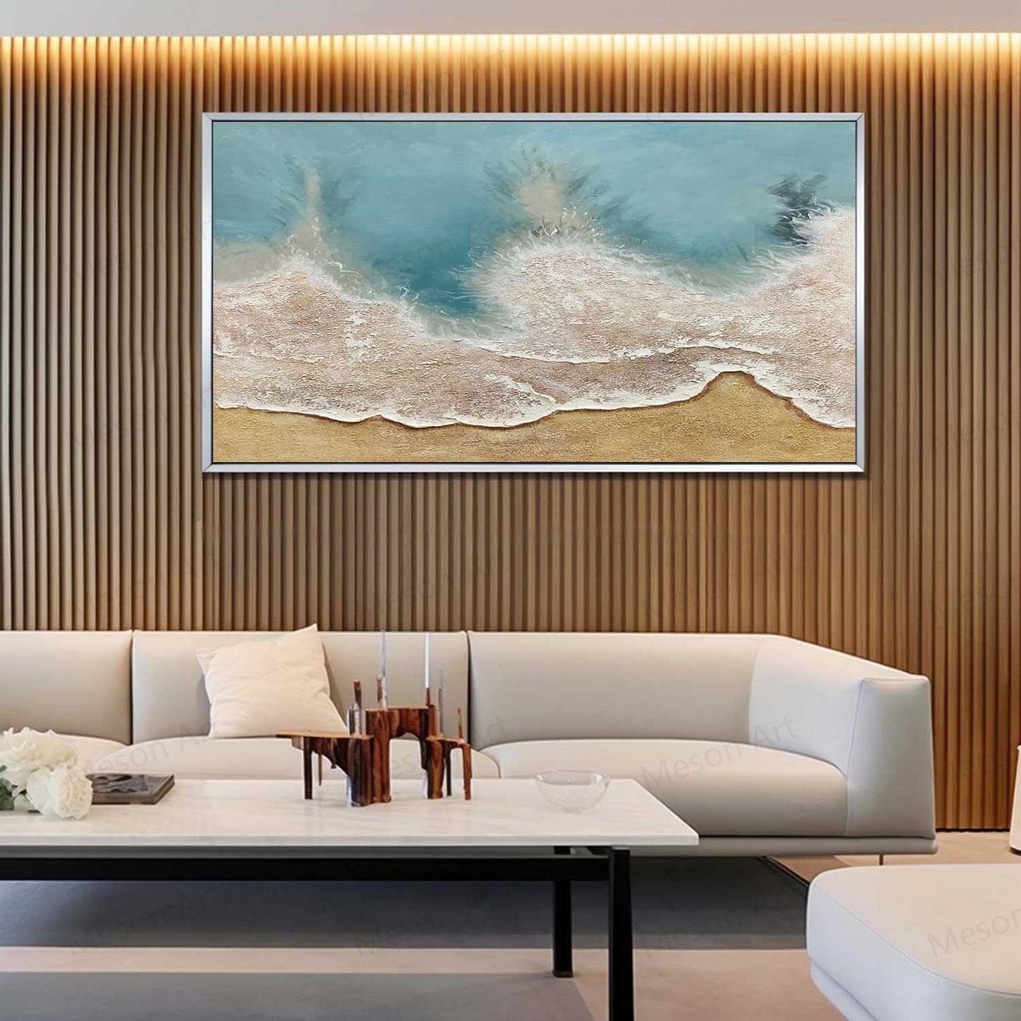 Coastal Serenity: Textured Oil Painting of Beach Waves and Sand