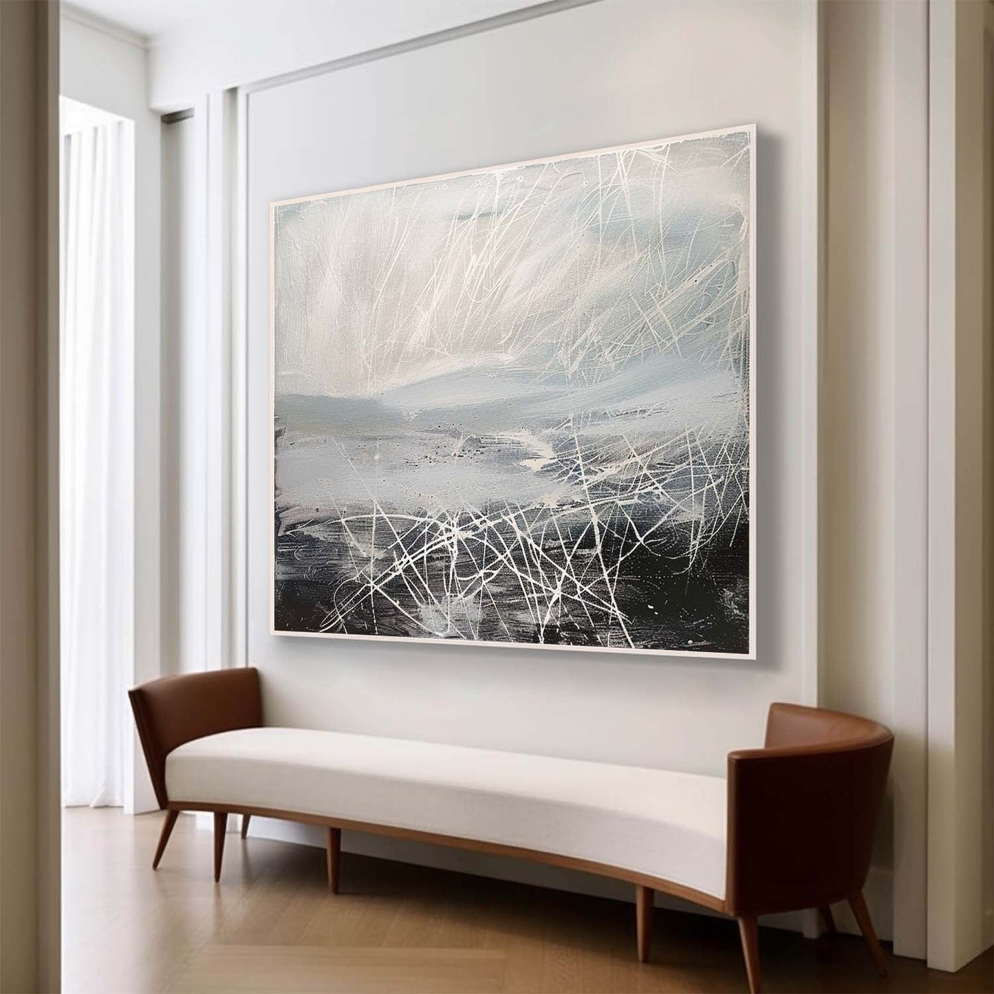 Contemporary Abstract Oil Painting with Dynamic Lines and Soft Color Palette